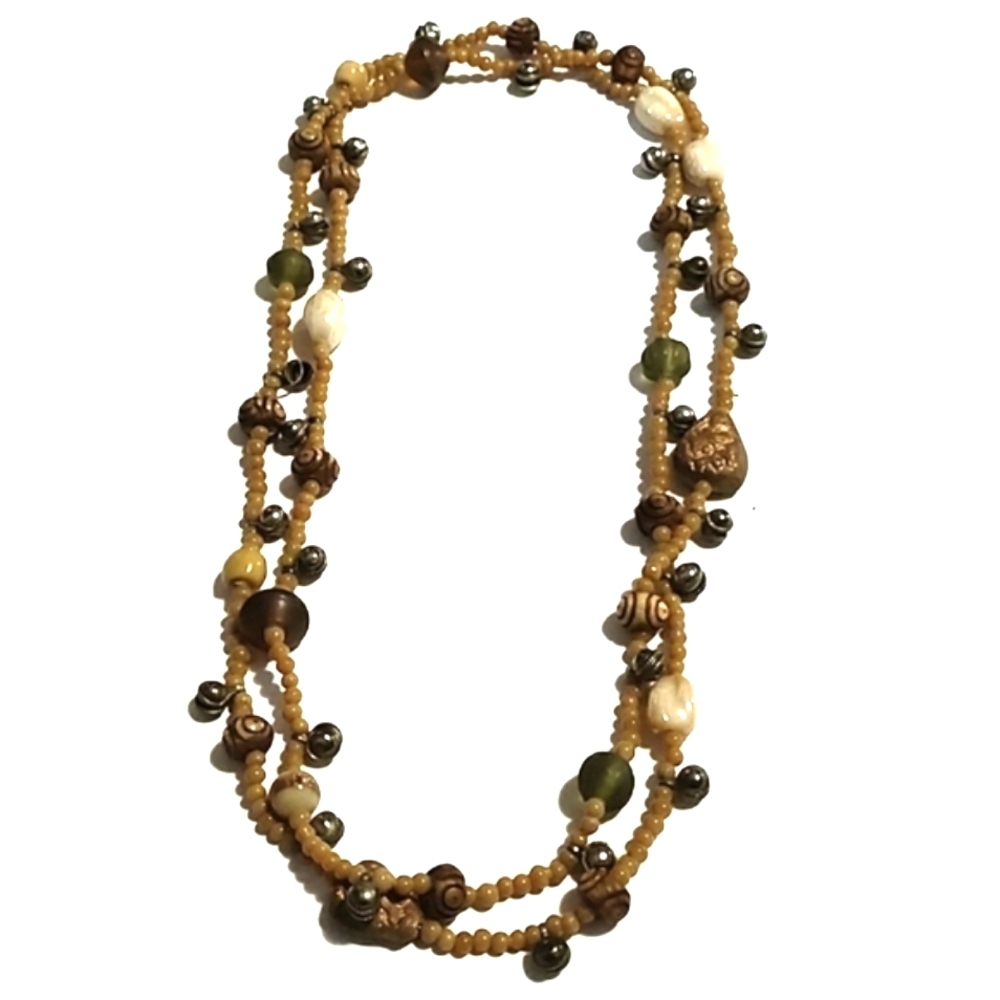 VINTAGE ETHNIC HAND CARVED STONES SEED BEADS WOODEN BEADS NO CLASP 48" NECKLACE